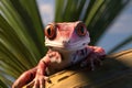 Young pink lizard sitting on a tree against tropical greenery background. Close-up