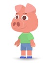 young pink pig in shorts and shirt stands isolated on white background. symbol of the year. flat style