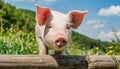 Young pink pig standing and looking at camera. Domestic animal. Farming concept