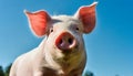 Young pink pig standing and looking at camera. Domestic animal. Farming concept