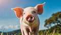 Young pink pig standing and looking at camera. Domestic animal. Farming concept