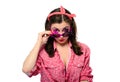 Young pinup woman in pink glasses. The concept of LGBT. Male and female gender signs