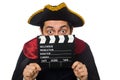 Young pirate holding clapperboard isolated on