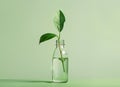 Young plant in glass bottle on green background. Sprout in clear container. Concept of growth, eco-friendliness Royalty Free Stock Photo