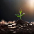 Young plant growing on stack of money coins in saving, finance and investment concept with Generative AI Royalty Free Stock Photo