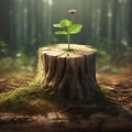 Young plant sprout growing inside a dead wood trunk