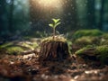 Young plant sprout growing inside a dead wood trunk