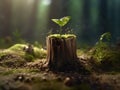 Young plant sprout growing inside a dead wood trunk