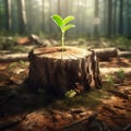 Young plant sprout growing inside a wood trunk, in a forest damaged by excessive deforestation