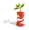 Young plant sprout with leaves sprouts from old used aluminum can. Recycling of raw materials. Concept of caring for environment.