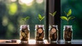 Young plants growing from coins in several savings jars, saving money for future, alternative investments and sustainability Royalty Free Stock Photo