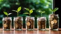 Young plants growing from coins in several savings jars, saving money for future, alternative investments and sustainability