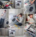 Young plumber fix washing machine Royalty Free Stock Photo