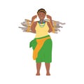 Young plump African woman in traditional national clothes carrying bundle of brushwood cartoon vector illustration