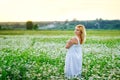 A young plump beautiful woman is resting on a chamomile field at sunset. A plus-size woman in a white sundress in a meadow with Royalty Free Stock Photo
