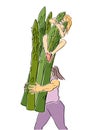 Young plump woman carries a bunch of asparagus with another slim woman on top.