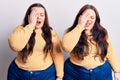 Young plus size twins wearing casual clothes yawning tired covering half face, eye and mouth with hand