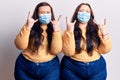 Young plus size twins wearing medical mask shouting with crazy expression doing rock symbol with hands up