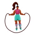 Young plus size woman jump with skipping rope. Woman in sport clothes cartoon character. Fitness exercise with jumping rope hand Royalty Free Stock Photo