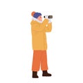 Young polar explorer looking through binocular doing scientific research, enjoying arctic tour