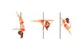 Young Pole Dancer Performing Acrobatics on Vertical Pole Vector Set