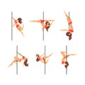 Young Pole Dancer Performing Acrobatics on Vertical Pole Vector Set