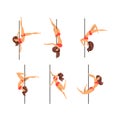 Young Pole Dancer Performing Acrobatics on Vertical Pole Vector Set