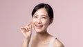 Portrait young asian woman happy smile face with vitamin nourishment pill. Pretty cute girl female person holding health capsule Royalty Free Stock Photo