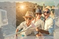 Young positive famly take a vacation photo on the Side ampitheatre view Royalty Free Stock Photo