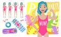 Young positive girl in swimsuit showing thumb up. Set of different emotions and poses