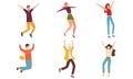 Young positive girls and boys jumping and feeling happy vector illustration