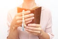 Young praying christian woman`s hands with a rosary and holy bible Royalty Free Stock Photo