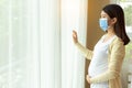 Young pregnant asian woman in medical mask stay alone at home for self quarantine. home quarantine, prevention covid 19,