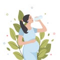 Young pregnant beautiful woman drinks water from a bottle. The concept of a healthy lifestyle. Flat vector illustration Royalty Free Stock Photo