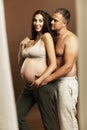 A young pregnant brunette woman is hugging with a torso man. Waiting for birth and tenderness. Royalty Free Stock Photo