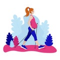 Young pregnant European woman exercise Nordic walking in park