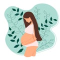 Young pregnant girl. Third trimester, girl in lingerie touches her belly. Vector illustration in flat style