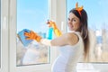 Young pregnant woman in gloves with detergent and rag cleaning window Royalty Free Stock Photo