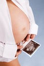 Young pregnant woman holding an ultrasonic test pr