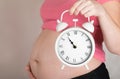 Young pregnant woman keeps vintage alarm clock close to her belly Royalty Free Stock Photo