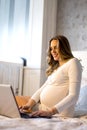 Young pregnant woman with laptop in the bed Royalty Free Stock Photo