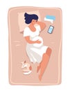 A young pregnant woman lies and sleeps on the bed. Illustration about pregnancy and childbirth, health and relaxation. Flat vector