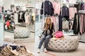 Moscow, Russia, July 2020: A young pregnant woman in a medical mask in a children`s clothing store sits, rests on a sofa and chat