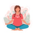 Young pregnant woman meditating and sitting in lotus on the natural background.  Pregnancy health concept. Illustration for yoga, Royalty Free Stock Photo