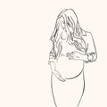 Young pregnant woman one line drawing style. Minimalistic background. Fashion wallpaper