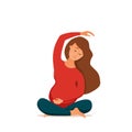 Young pregnant woman practicing yoga cartoon style vector illustration.