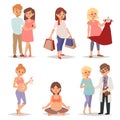 Young pregnant woman, pregnancy female belly expecting beautiful future mother character vector set.