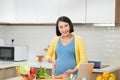 Young pregnant woman preparing healthy food with lots of vegetables at home kitchen Royalty Free Stock Photo