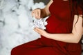 Young pregnant woman in a red dress holds her hands on her swollen belly with a white paper flower, love concept Royalty Free Stock Photo