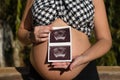 Young pregnant woman showing the ultrasound of her baby on her belly in an outdoor park. Concept pregnancy, maternity, baby, Royalty Free Stock Photo